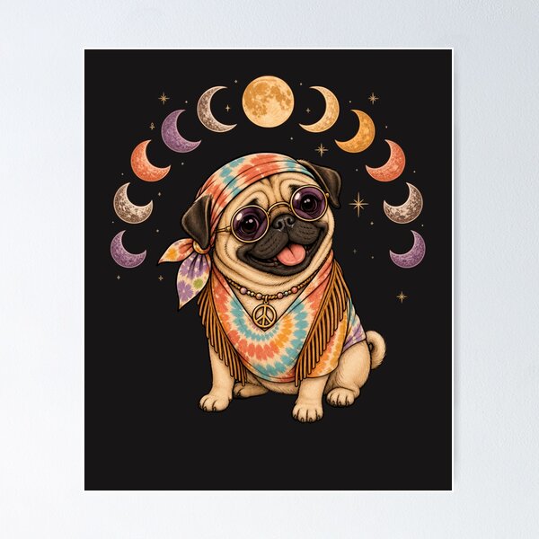 Item preview, Retro Hippie Pug Dog Boho Illustration designed and sold by Cute & Sassy Custom Gifting Boutiques.