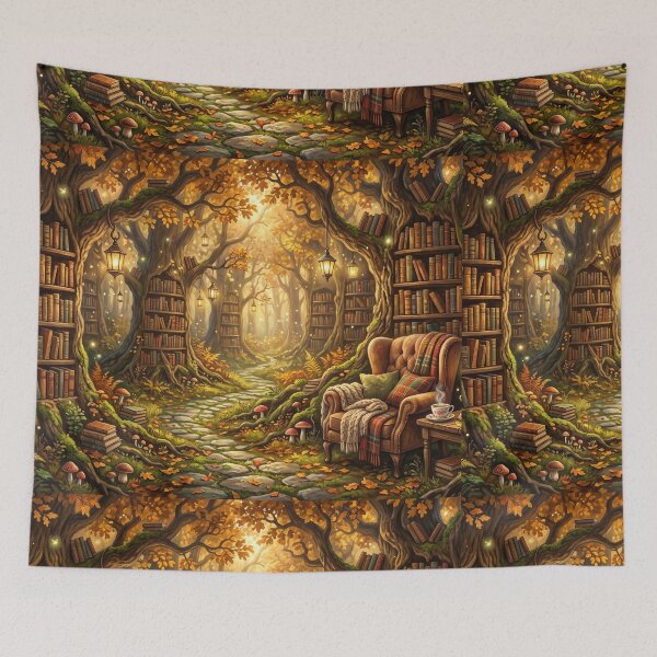 Item preview, Enchanted Forest Library | Cozy Cottagecore Book Nook Fantasy Wall Art designed and sold by SebastianSpace.