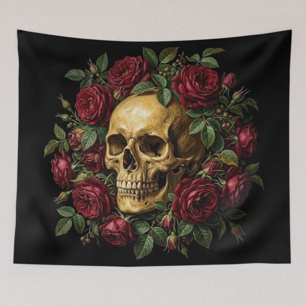 Item preview, Gothic Skull And Red Roses Renaissance Oil Painting designed and sold by Tout-Puissant.
