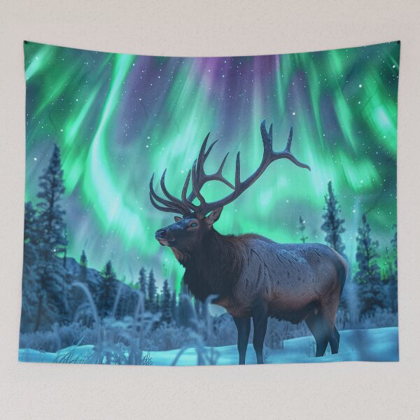 Item preview, Aurora Elk in Snowy Forest designed and sold by QuantumDrift.