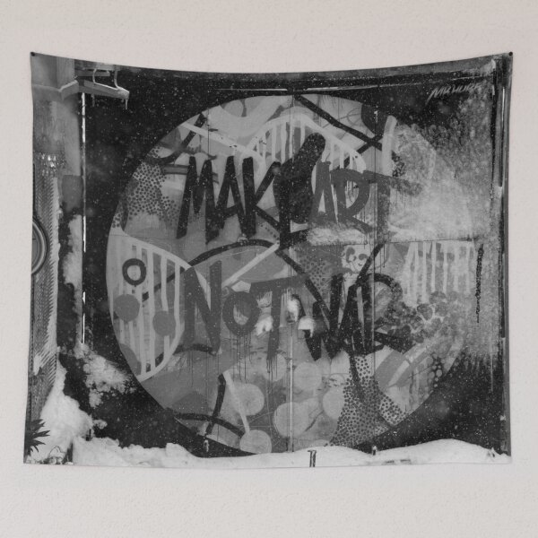 Item preview, Make art not war inspirational graffiti black and white photographic art print designed and sold by Astrid Arkhangelsky.