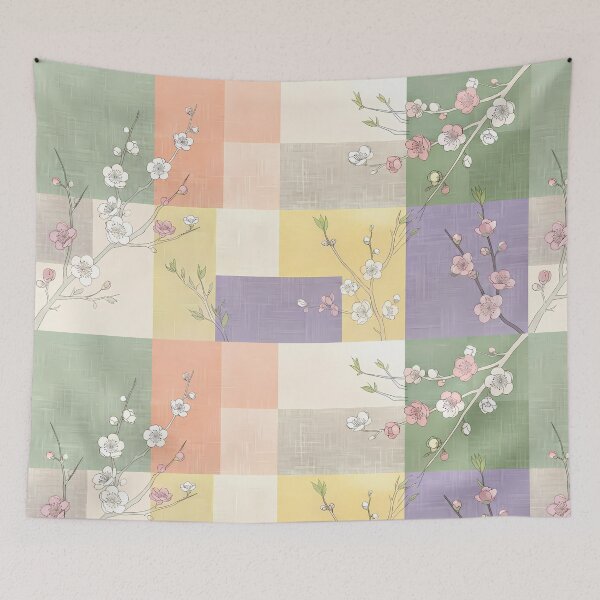Item preview, Modern Korean Jogakbo Patchwork with Spring Plum Blossoms - Minimalist Aesthetic Textile Art designed and sold by SOOstudio73.