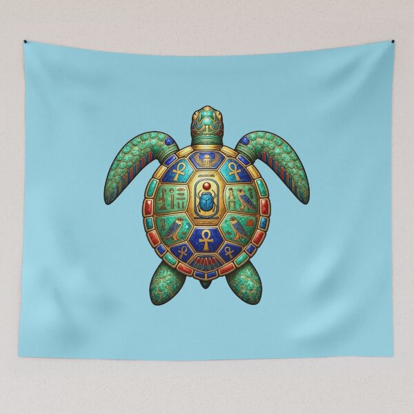 Item preview, Ancient Egyptian Turtle with Sacred Scarab | Emerald & Lapis Symbolic Sea Turtle Art designed and sold by Zaru Art Studio.