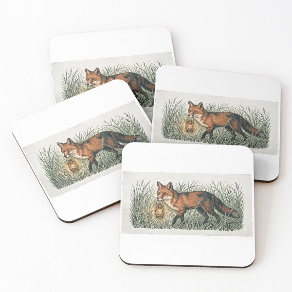 Item preview, Fox Carrying Brass Lantern Through Tall Grass Woodblock Linocut Folk Art Forest Illustration designed and sold by OnPointOutfits.