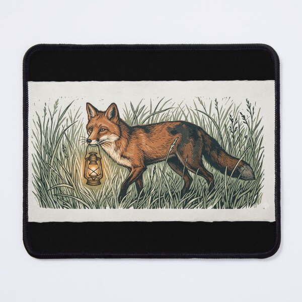 Item preview, Fox Carrying Brass Lantern Through Tall Grass Woodblock Linocut Folk Art Forest Illustration designed and sold by OnPointOutfits.