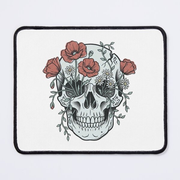 Item preview, Flower Skull with Poppies Daisies and Vines Growing Through Folk Tattoo Flash Style Illustration designed and sold by OnPointOutfits.