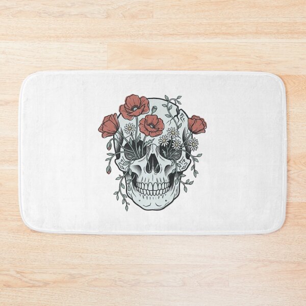 Item preview, Flower Skull with Poppies Daisies and Vines Growing Through Folk Tattoo Flash Style Illustration designed and sold by OnPointOutfits.