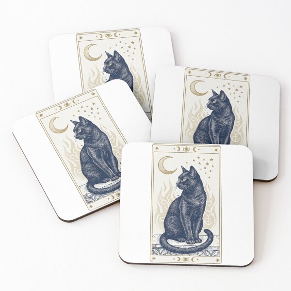 Item preview, Black Cat Tarot Card with Crescent Moon and Stars Victorian Occult Style Gold and Midnight Blue Illustration designed and sold by OnPointOutfits.