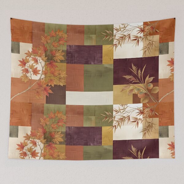 Item preview, Modern Korean Jogakbo Patchwork with Autumn Maple Leaves and Persimmon - Minimalist Aesthetic Textile Art designed and sold by SOOstudio73.