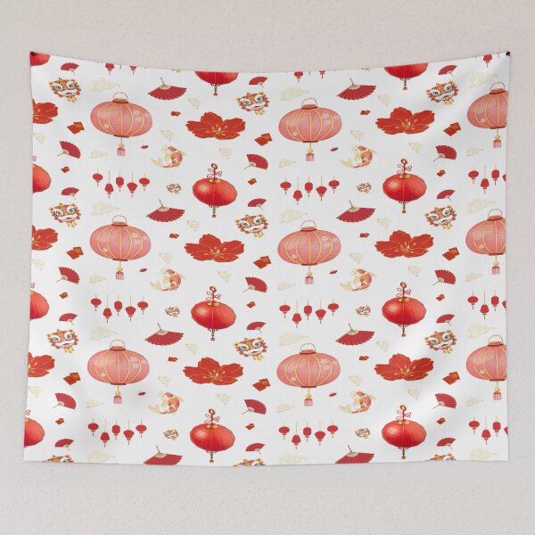 Item preview, Chinese Lantern Festival and Lucky Symbols Seamless Pattern designed and sold by kyrasolis.