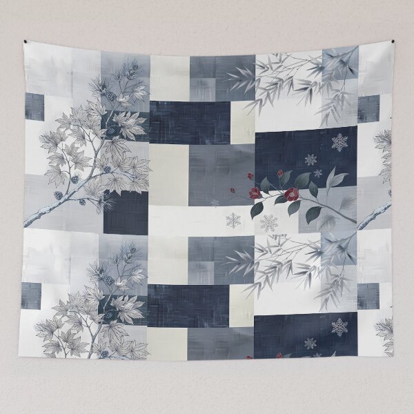 Item preview, Modern Korean Jogakbo Patchwork with Winter Snowflakes and Camellia - Minimalist Aesthetic Textile Art designed and sold by SOOstudio73.