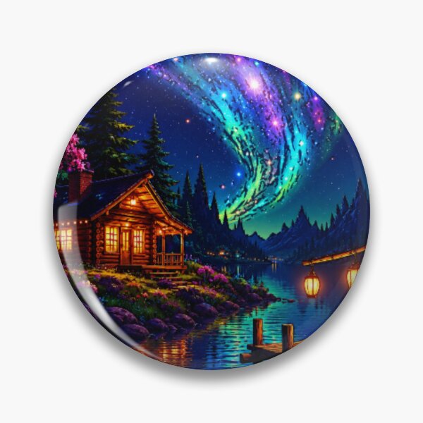 Item preview, Cosmic Aurora Borealis Mountain Lake Dock Cabin Art designed and sold by Nexus Space.