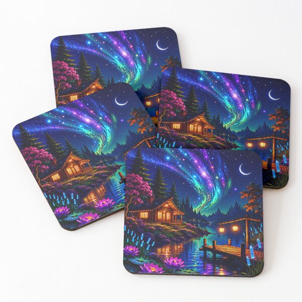 Item preview, Cosmic Aurora Borealis Mountain Lake Dock Cabin Art designed and sold by Nexus Space.