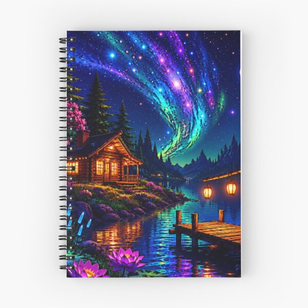 Item preview, Cosmic Aurora Borealis Mountain Lake Dock Cabin Art designed and sold by Nexus Space.