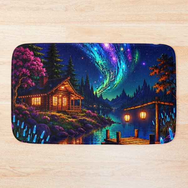 Item preview, Cosmic Aurora Borealis Mountain Lake Dock Cabin Art designed and sold by Nexus Space.