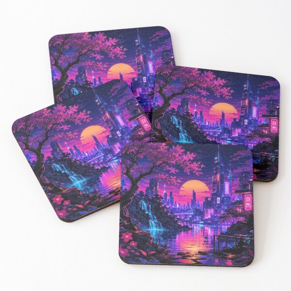 Item preview, Cyberpunk Neon Sakura Cityscape | Futuristic Skyline with Waterfall | Synthwave Sunset Digital Art designed and sold by Nexus Space.