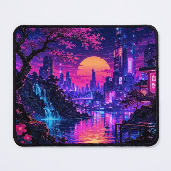 Item preview, Cyberpunk Neon Sakura Cityscape | Futuristic Skyline with Waterfall | Synthwave Sunset Digital Art designed and sold by Nexus Space.