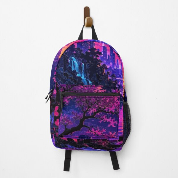 Item preview, Cyberpunk Neon Sakura Cityscape | Futuristic Skyline with Waterfall | Synthwave Sunset Digital Art designed and sold by Nexus Space.