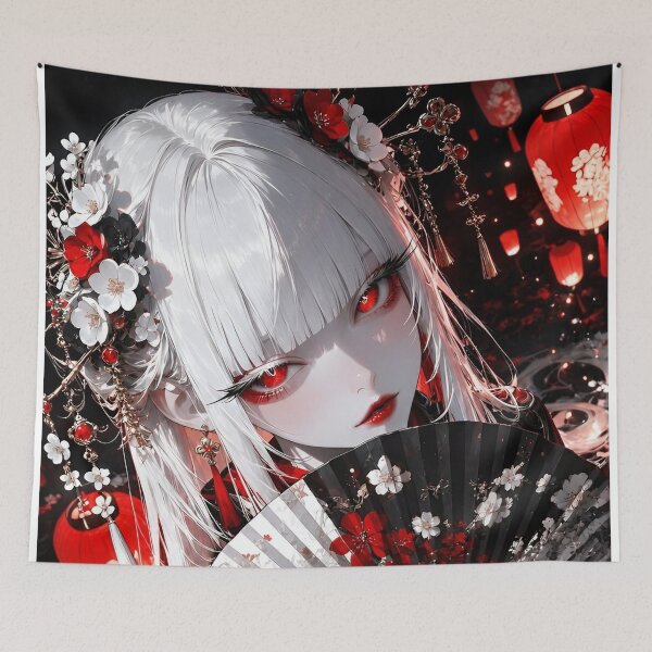 Item preview, Crimson Moon Geisha Warrior | Japanese Gothic Anime Girl with Floral Fan Art designed and sold by Dyan4.