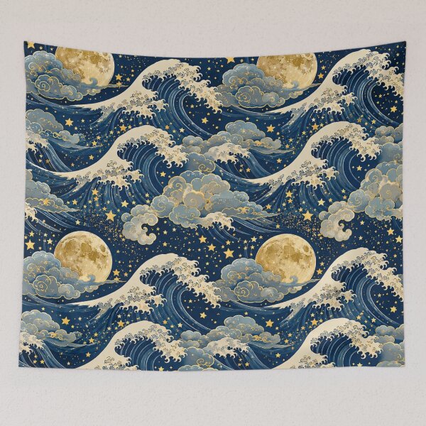 Item preview, Celestial Waves & Full Moon Art | Vintage Japanese Pattern Design  designed and sold by lavanya11.