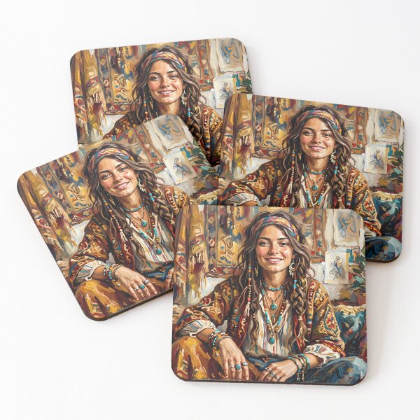 Artikelvorschau, Porträt einer Frau im Bohème-Stil – Farbenfrohe Vintage-Kunst, Boho-Wanddekoration entworfen und verkauft von SamiOmar94.