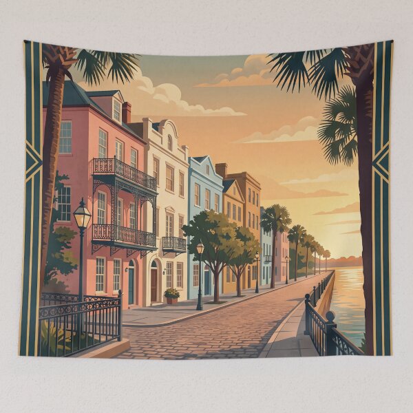Item preview, Charleston South Carolina Vintage Travel Poster – Rainbow Row Waterfront Art designed and sold by Bomax121.