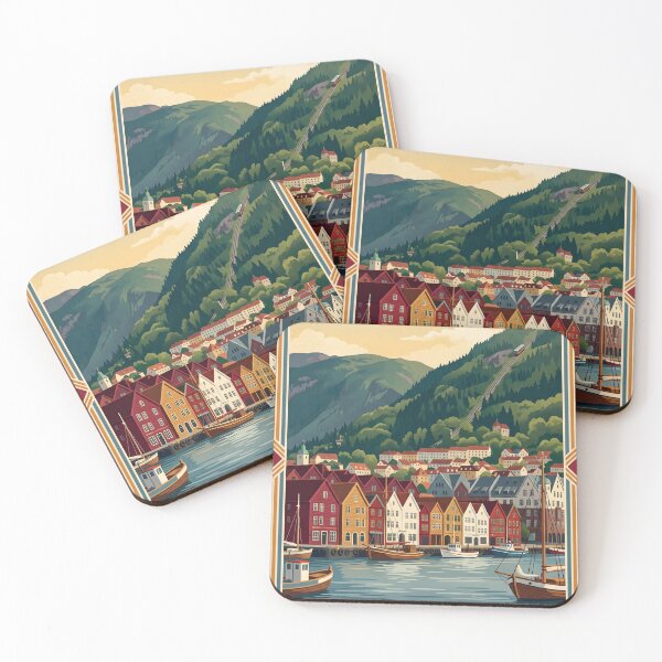 Item preview, Bergen Norway Vintage Travel Poster – Bryggen Waterfront & Fløibanen Art designed and sold by Bomax121.