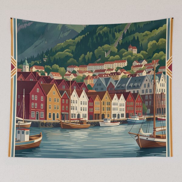 Item preview, Bergen Norway Vintage Travel Poster – Bryggen Waterfront & Fløibanen Art designed and sold by Bomax121.
