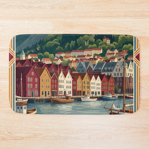 Item preview, Bergen Norway Vintage Travel Poster – Bryggen Waterfront & Fløibanen Art designed and sold by Bomax121.