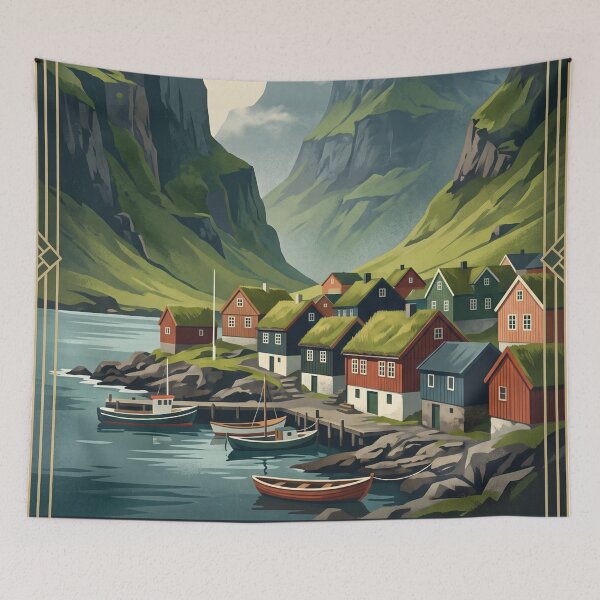 Item preview, Torshavn Faroe Islands Vintage Travel Poster – Nordic Harbor Village designed and sold by Bomax121.