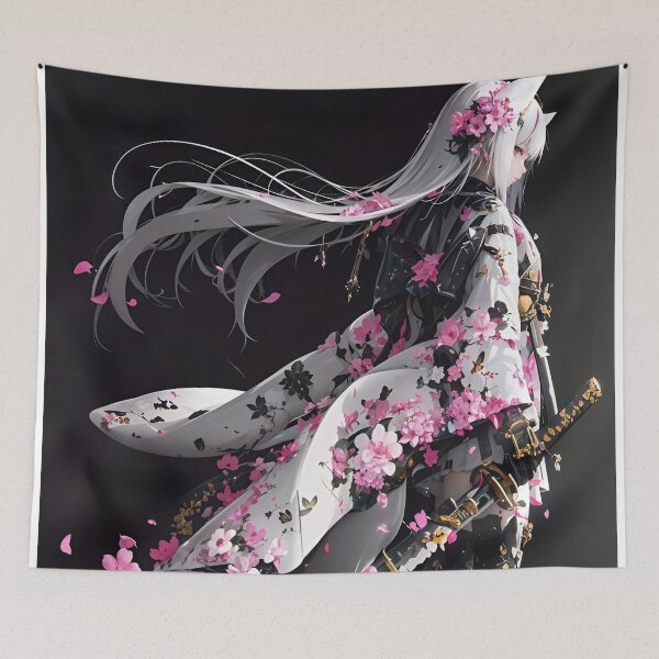 Item preview, Elegant Sakura Fox Spirit Samurai – White Kimono Anime Fantasy Warrior Art designed and sold by Dyan4.