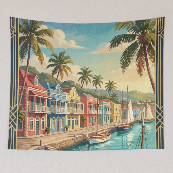 Item preview, Bridgetown Barbados Vintage Travel Poster – Historic Careenage Waterfront Art designed and sold by Bomax121.