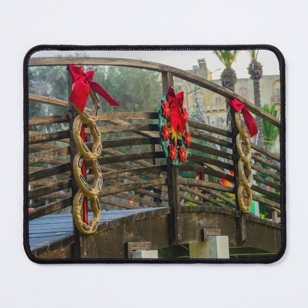 Item preview, Festive Wooden Bridge Decorated With Christmas Wreaths And Red Bows In Outdoor Park Setting designed and sold by Nmallia.