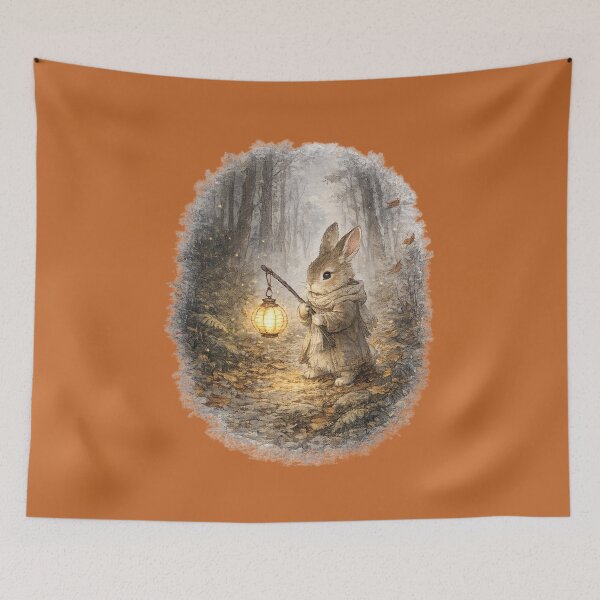Item preview, Rabbit with Paper Lantern Illustration – Misty Autumn Forest Design Art designed and sold by MagicMakerPh.