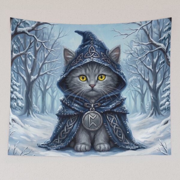 Item preview, The Solstice Singer - Celtic Folklore Grey Cat in Winter Snow designed and sold by Englandbear.