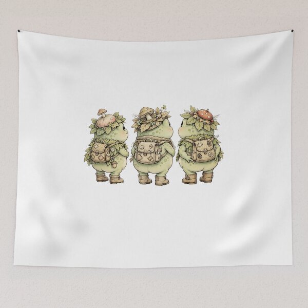 Item preview, Trio of Cottagecore Frog Butt Adventurers - Mushroom Hat Hiking Frogs Goblincore designed and sold by Neurospicy Trolls.