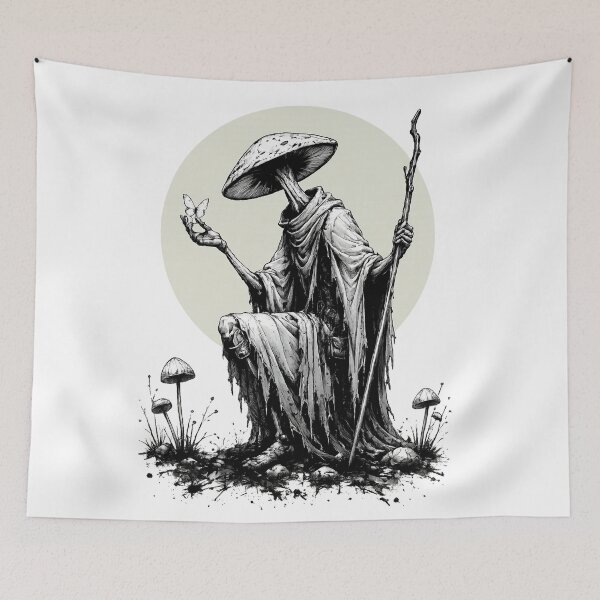 Item preview, Mushroom Hermit Wizard - Dark Botanical Fantasy Art designed and sold by Mysterium AI.