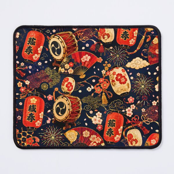 Item preview, Japanese Festival Seamless Pattern with Lanterns, Taiko Drums, Fans & Fireworks | Traditional Oriental Surface Design designed and sold by lavanya11.