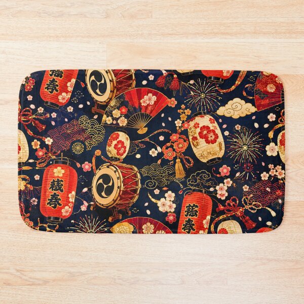 Item preview, Japanese Festival Seamless Pattern with Lanterns, Taiko Drums, Fans & Fireworks | Traditional Oriental Surface Design designed and sold by lavanya11.