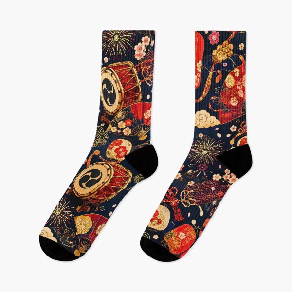 Item preview, Japanese Festival Seamless Pattern with Lanterns, Taiko Drums, Fans & Fireworks | Traditional Oriental Surface Design designed and sold by lavanya11.