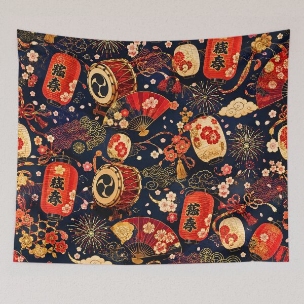 Item preview, Japanese Festival Seamless Pattern with Lanterns, Taiko Drums, Fans & Fireworks | Traditional Oriental Surface Design designed and sold by lavanya11.