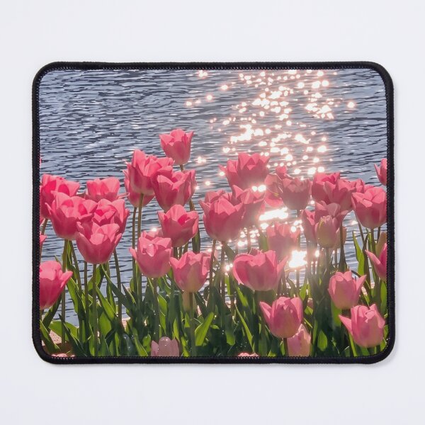 Item preview, Pink Tulips by the Lake with Sunlight Sparkle - Aesthetic Spring Landscape designed and sold by Knightofartx25.