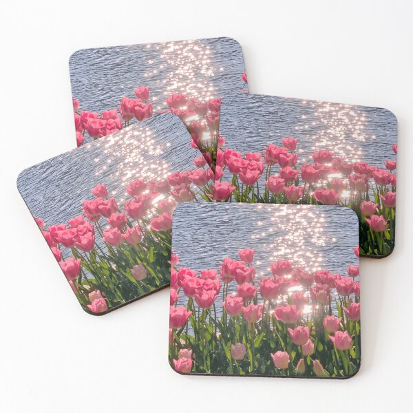 Item preview, Pink Tulips by the Lake with Sunlight Sparkle - Aesthetic Spring Landscape designed and sold by Knightofartx25.