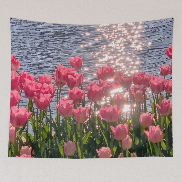 Item preview, Pink Tulips by the Lake with Sunlight Sparkle - Aesthetic Spring Landscape designed and sold by Knightofartx25.