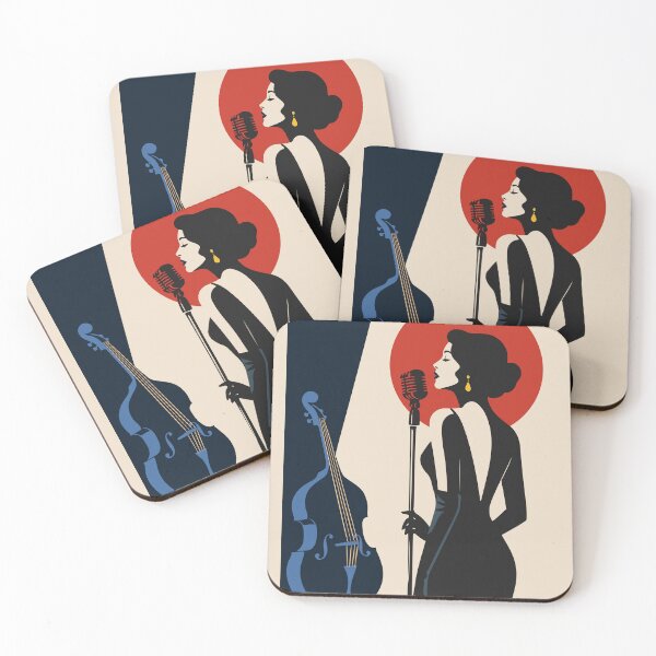 Item preview, Vintage Jazz Vocalist Art | Art Deco Jazz Singer & Blue Double Bass | Retro Music Illustration | Mid Century Modern Print designed and sold by Studio pod Burom.