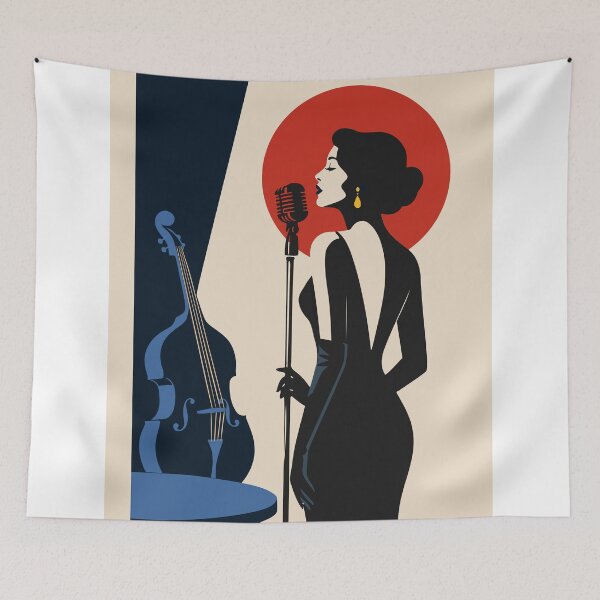 Item preview, Vintage Jazz Vocalist Art | Art Deco Jazz Singer & Blue Double Bass | Retro Music Illustration | Mid Century Modern Print designed and sold by Studio pod Burom.