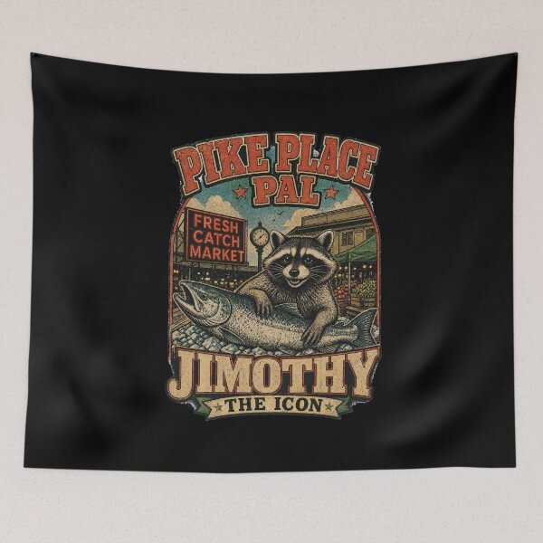 Item preview, JIMOTHY Pike Place Pal - Funny Raccoon with Salmon Seattle Market Shirt designed and sold by Uglyandcute.