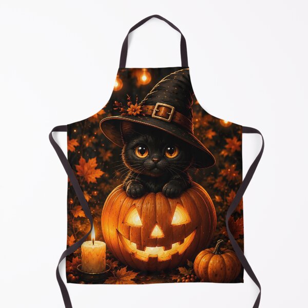 Item preview, Cute Black Cat in Witch Hat Sitting Inside Glowing Halloween Pumpkin with Autumn Leaves designed and sold by Dreamy Armine Art.