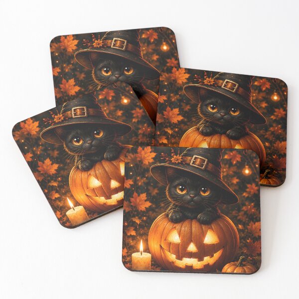 Item preview, Cute Black Cat in Witch Hat Sitting Inside Glowing Halloween Pumpkin with Autumn Leaves designed and sold by Dreamy Armine Art.