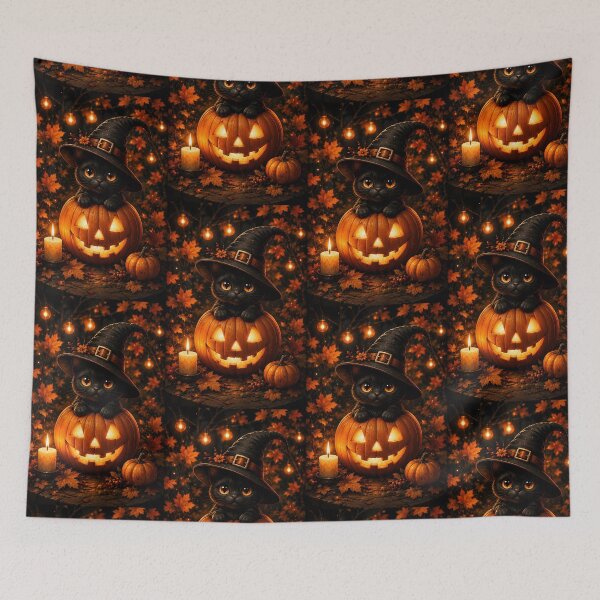 Item preview, Cute Black Cat in Witch Hat Sitting Inside Glowing Halloween Pumpkin with Autumn Leaves designed and sold by Dreamy Armine Art.